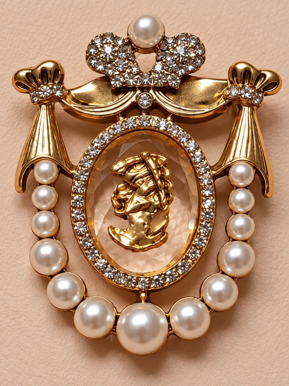 Gold Pearl Cameo Brooch Elegant Women's Jewelry